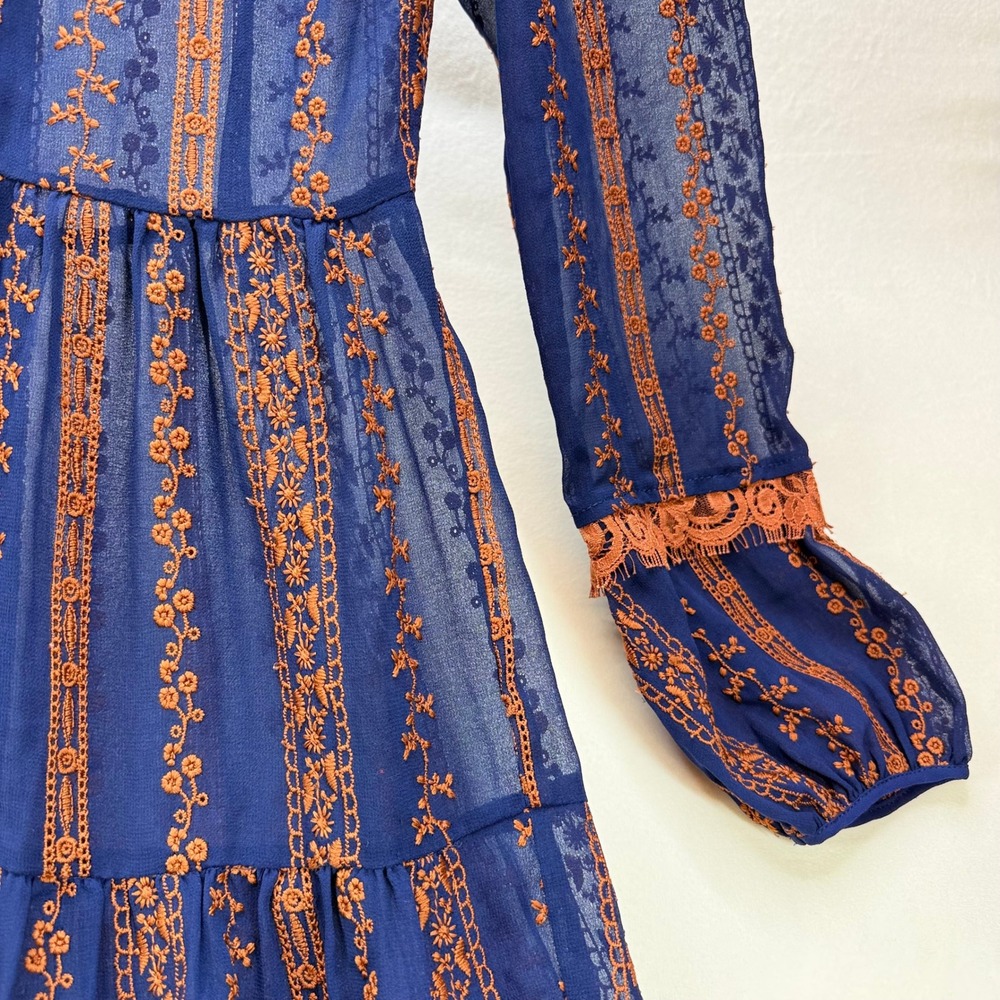 BCBGMAXAZRIA Navy Blue Orange Embroidered Lace Trim Maxi Dress Long Sleeve XXS - Picture 15 of 16